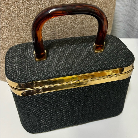 Vintage JR Flordia USA-Box Style Black and Gold Women's Handbag w/ Lucite Handle - Picture 8 of 9